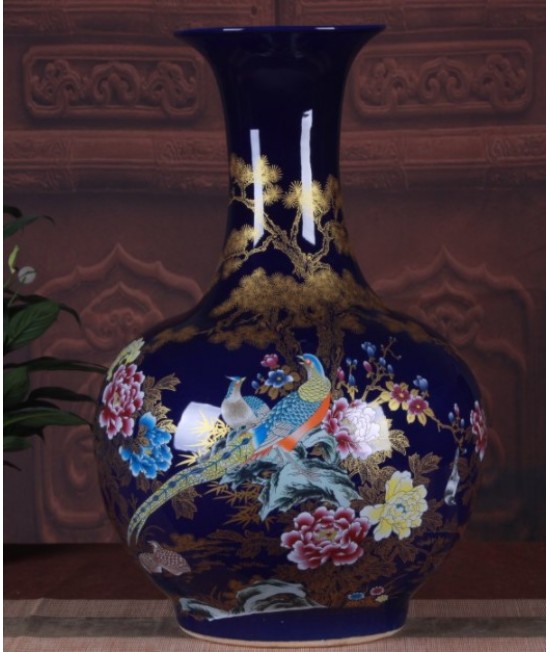 釉藍色 玉蘭花 大花瓶